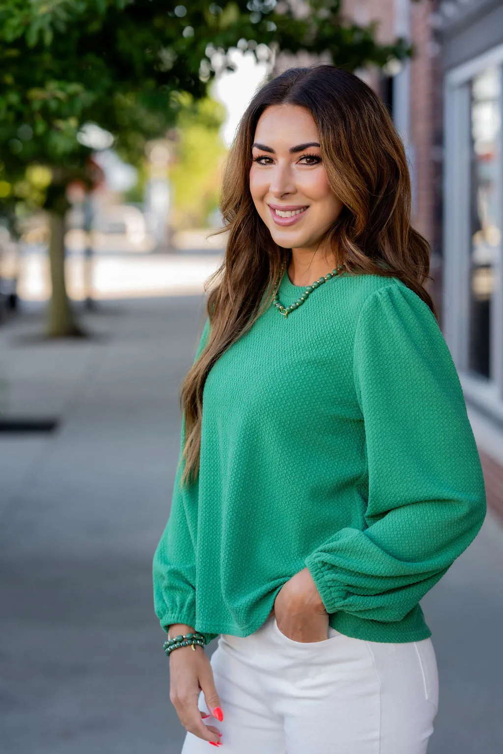 Bold Textured Cinched Sleeve Blouse