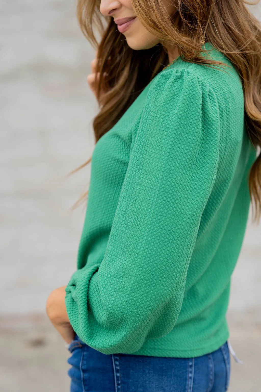 Bold Textured Cinched Sleeve Blouse