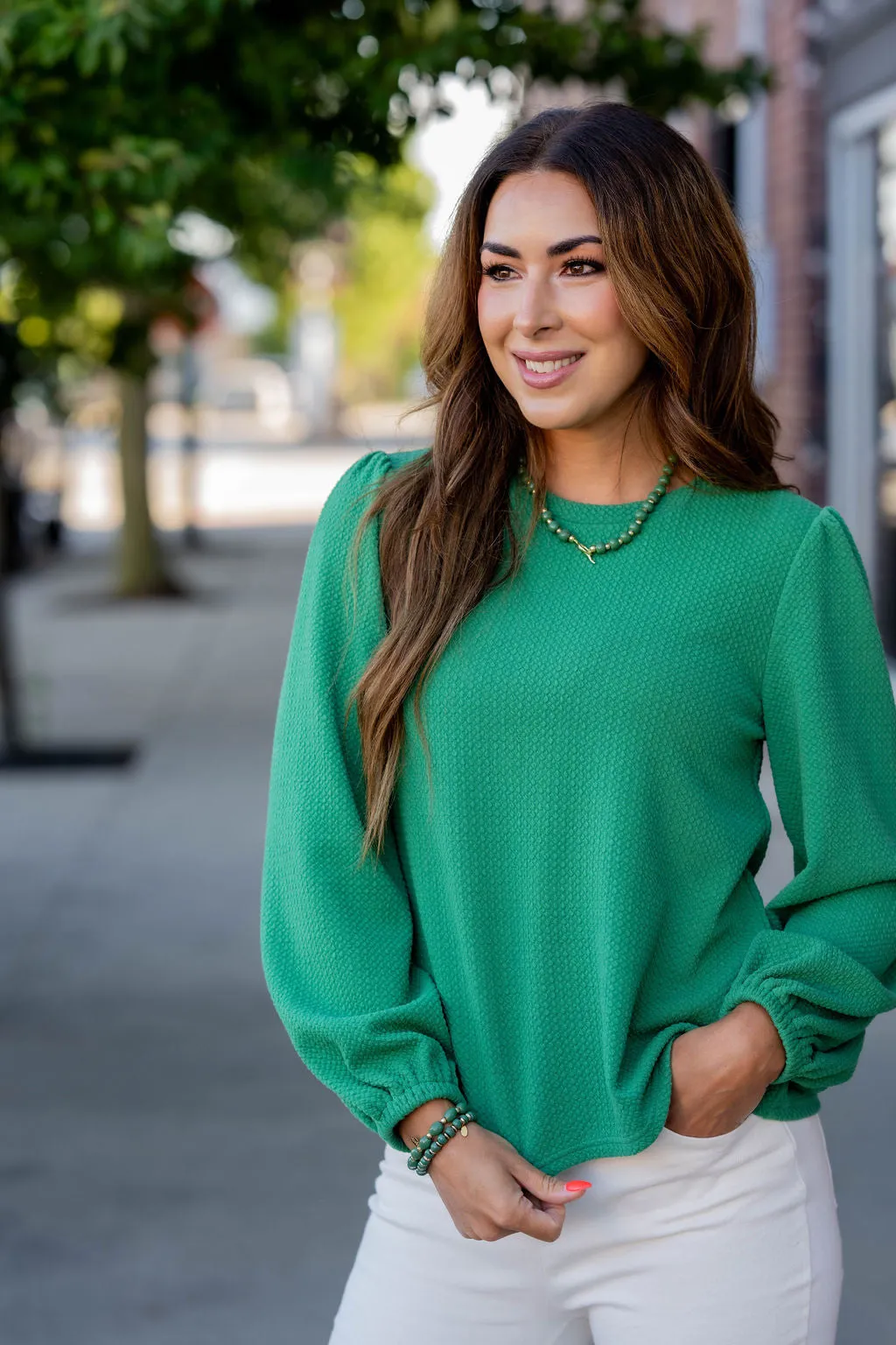 Bold Textured Cinched Sleeve Blouse