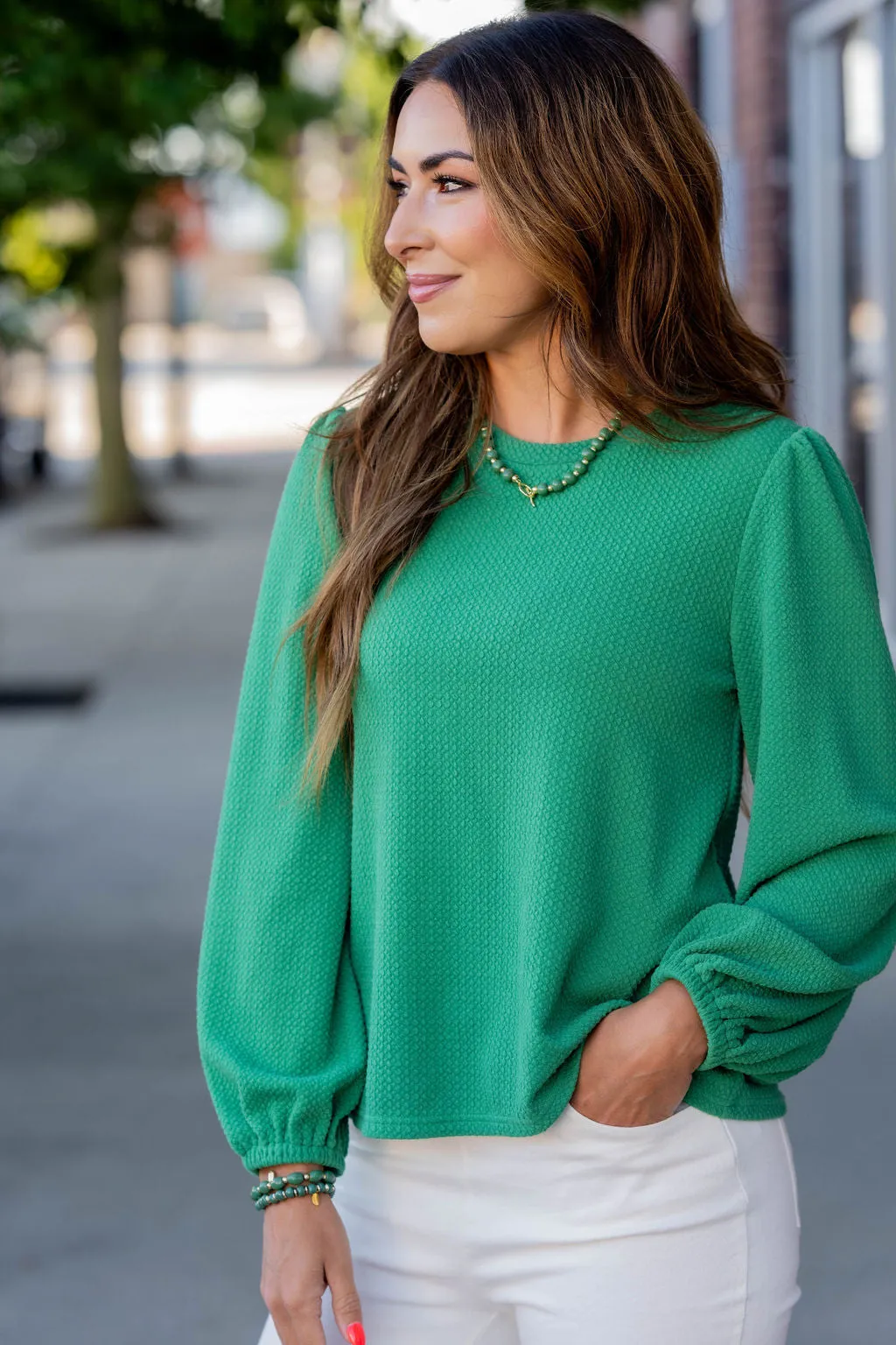 Bold Textured Cinched Sleeve Blouse