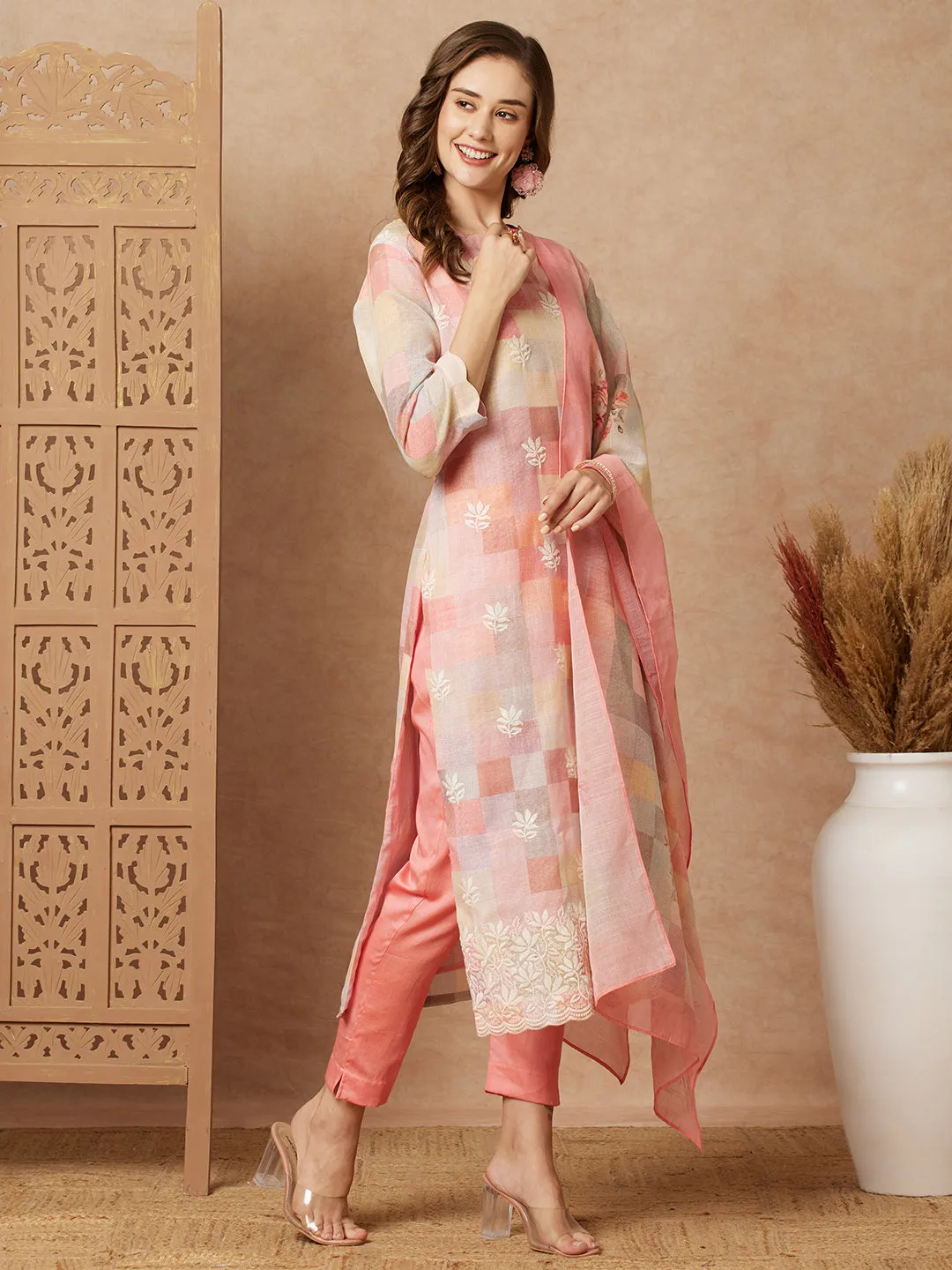 Checks Printed & Embroidered Straight Fit Kurta with Pant and Dupatta - Multi