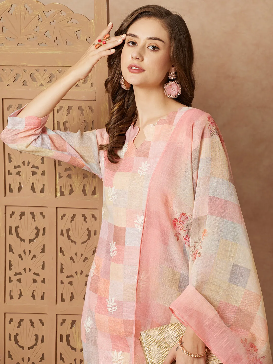 Checks Printed & Embroidered Straight Fit Kurta with Pant and Dupatta - Multi