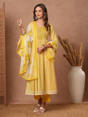 Chevron Printed & Mirror Embroidered Anarkali with Pant & Floral Printed Dupatta - Yellow