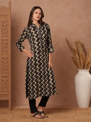 Chevron Printed Resham & Mirror Embroidered Kurta - Black