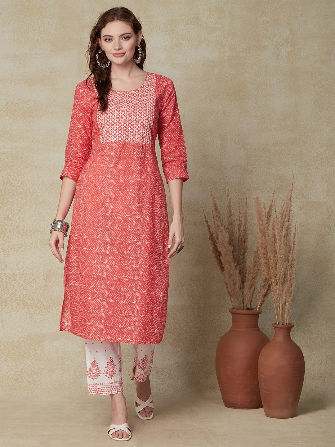 Chevron Printed Resham & Zari Embroidered Kurta with Pants & Dupatta - Coral