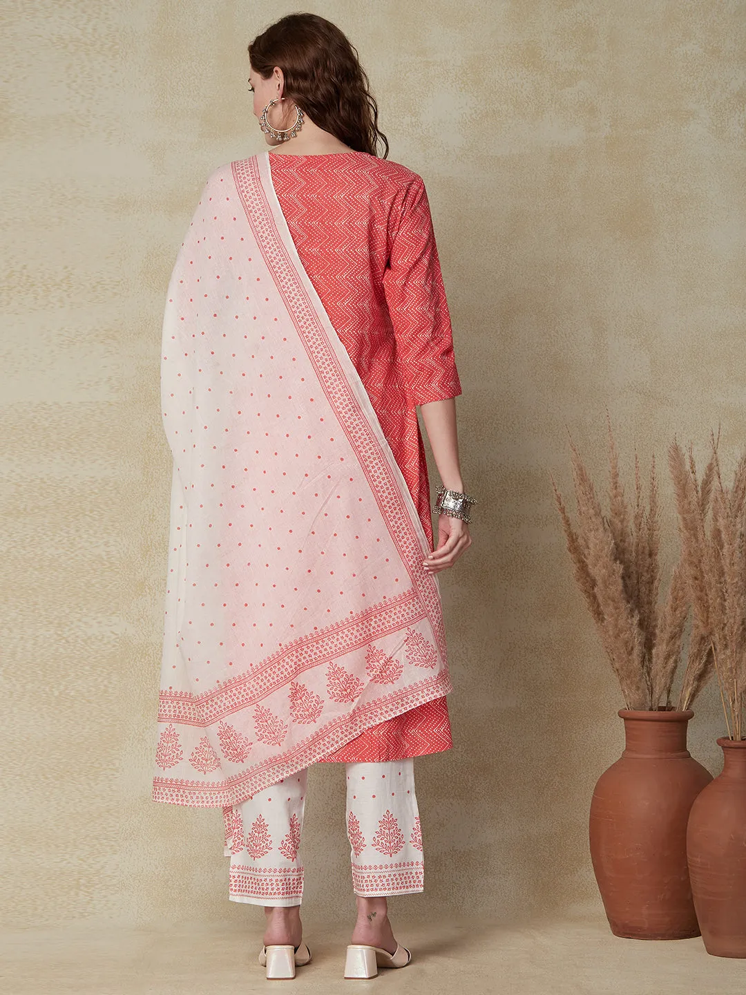 Chevron Printed Resham & Zari Embroidered Kurta with Pants & Dupatta - Coral