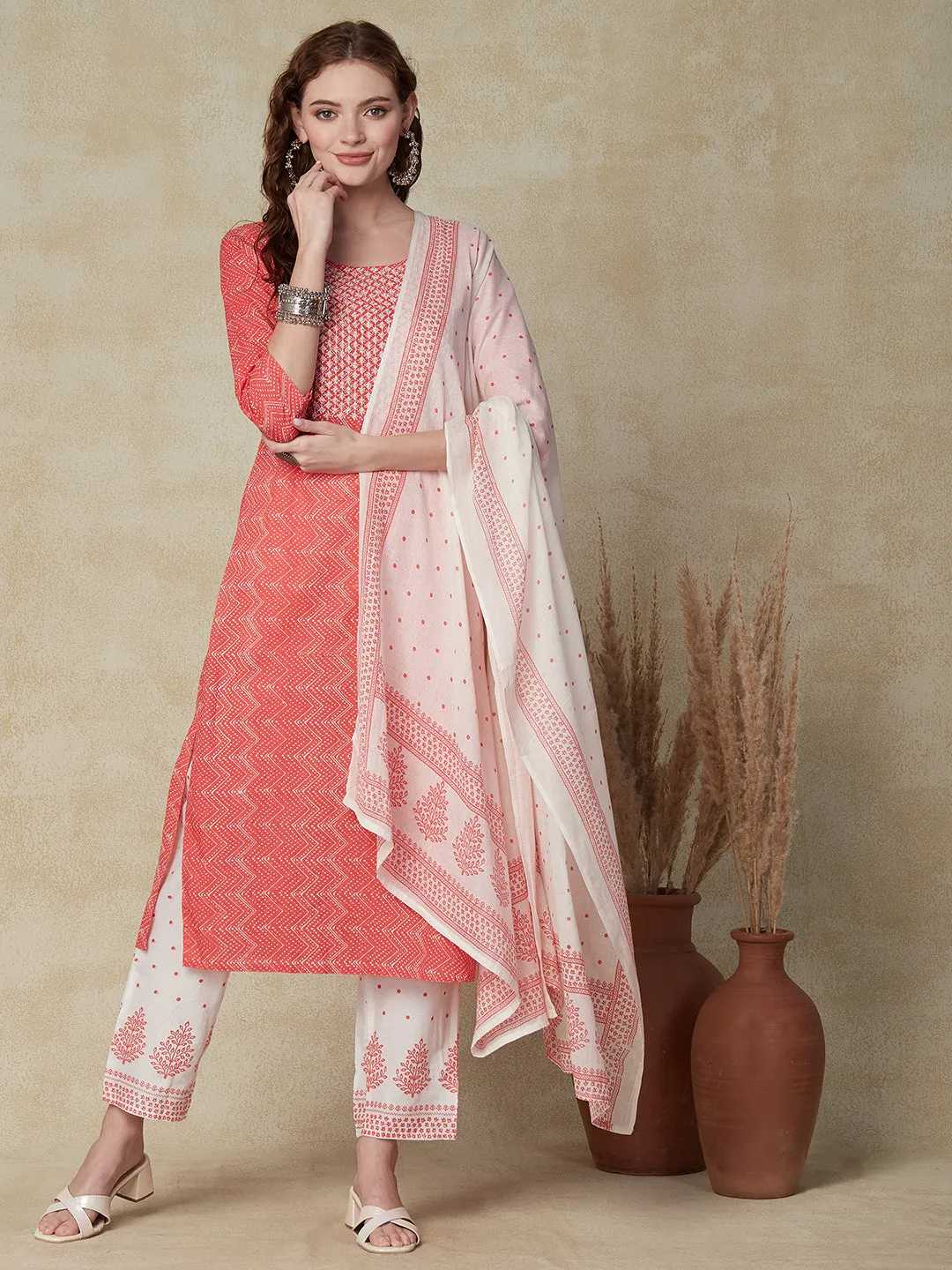 Chevron Printed Resham & Zari Embroidered Kurta with Pants & Dupatta - Coral