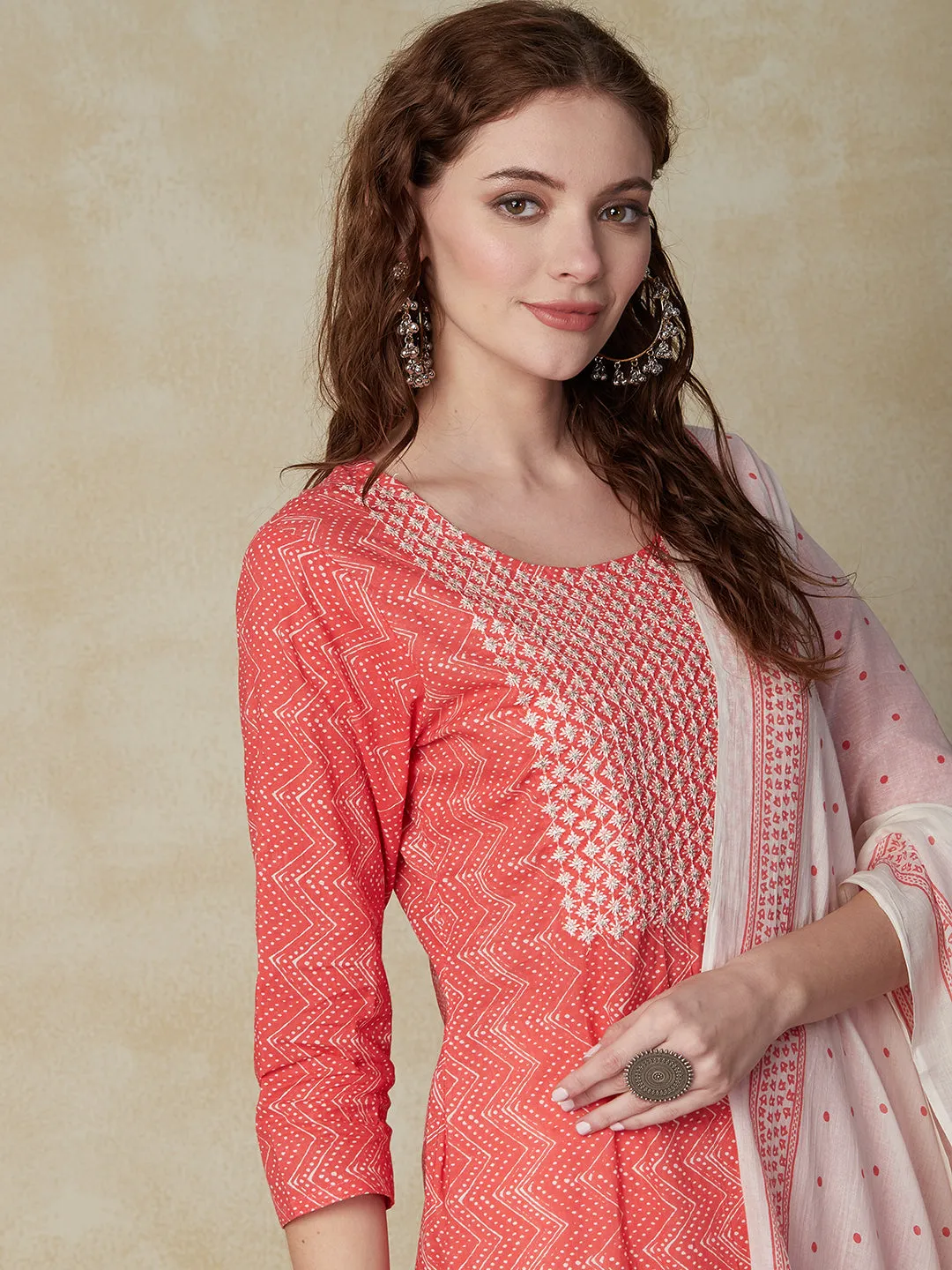 Chevron Printed Resham & Zari Embroidered Kurta with Pants & Dupatta - Coral