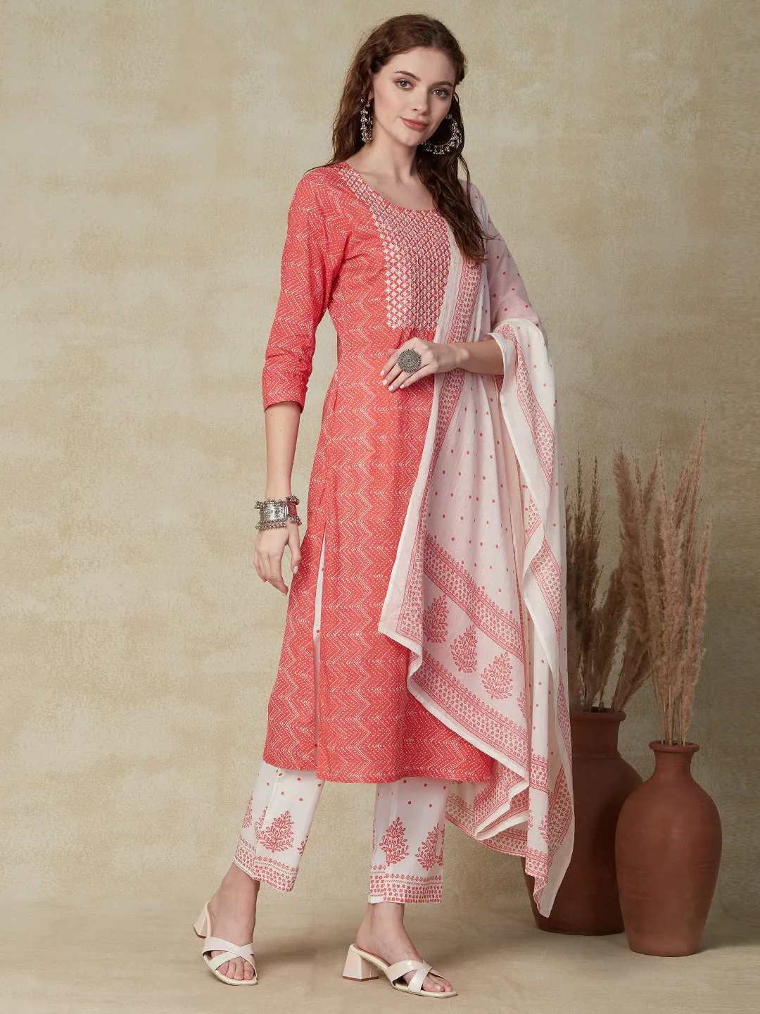 Chevron Printed Resham & Zari Embroidered Kurta with Pants & Dupatta - Coral