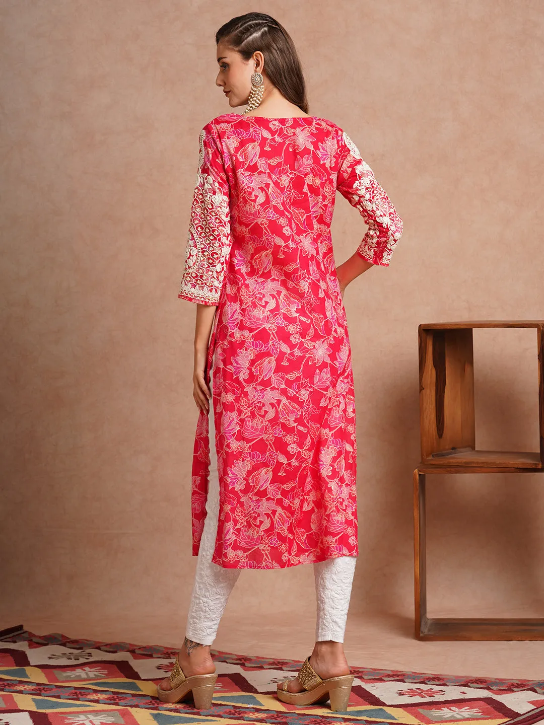 Chikankari Embroidered & Ethnic Foil Printed Straight Fit Kurta - Ruby Pink