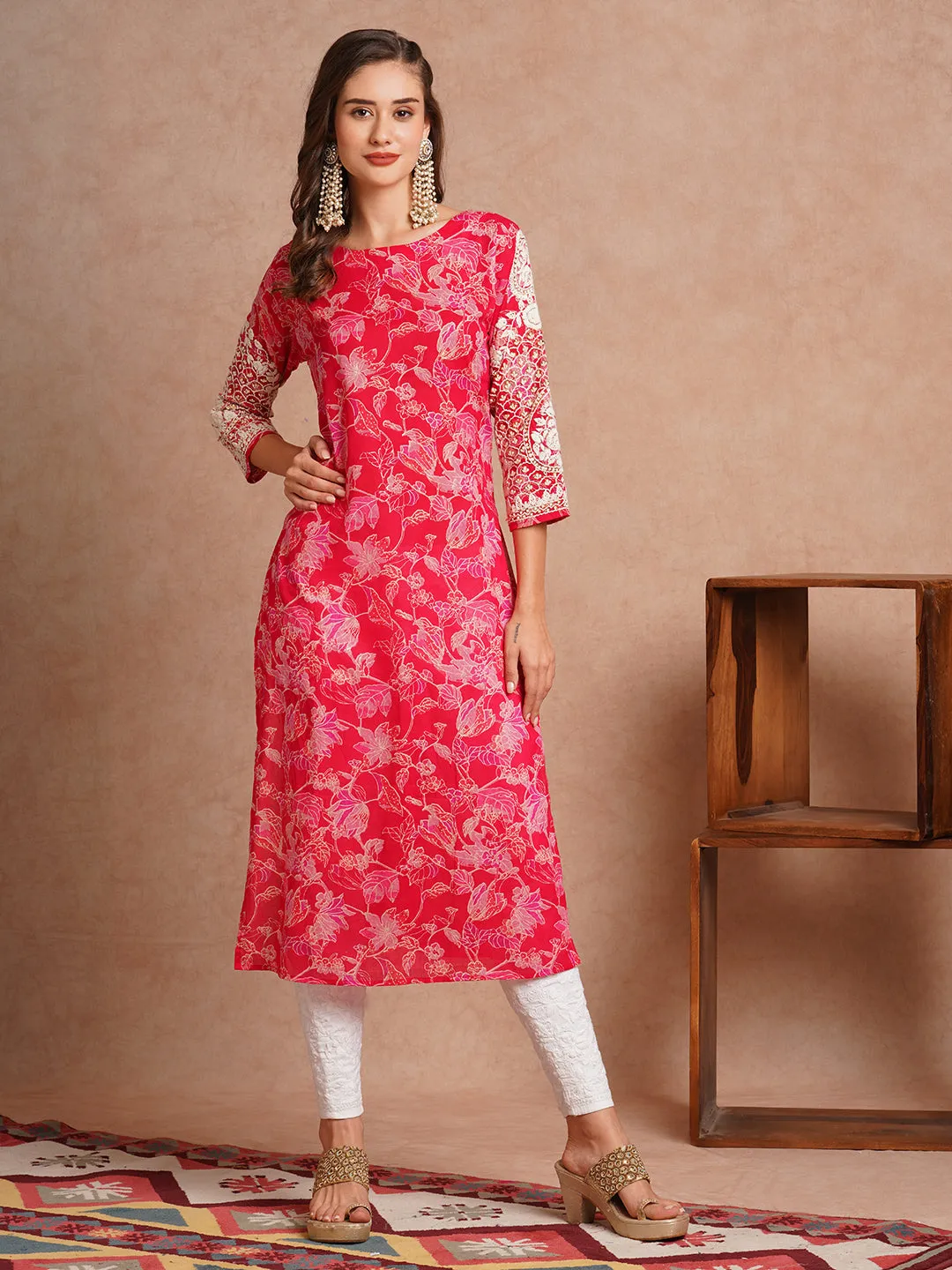 Chikankari Embroidered & Ethnic Foil Printed Straight Fit Kurta - Ruby Pink