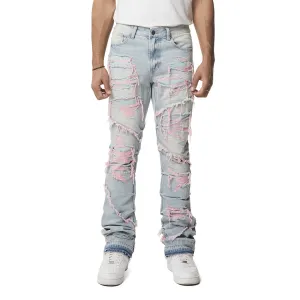 Color Thread Heavy R&R Lazy Stacked Flared Jeans - Pink