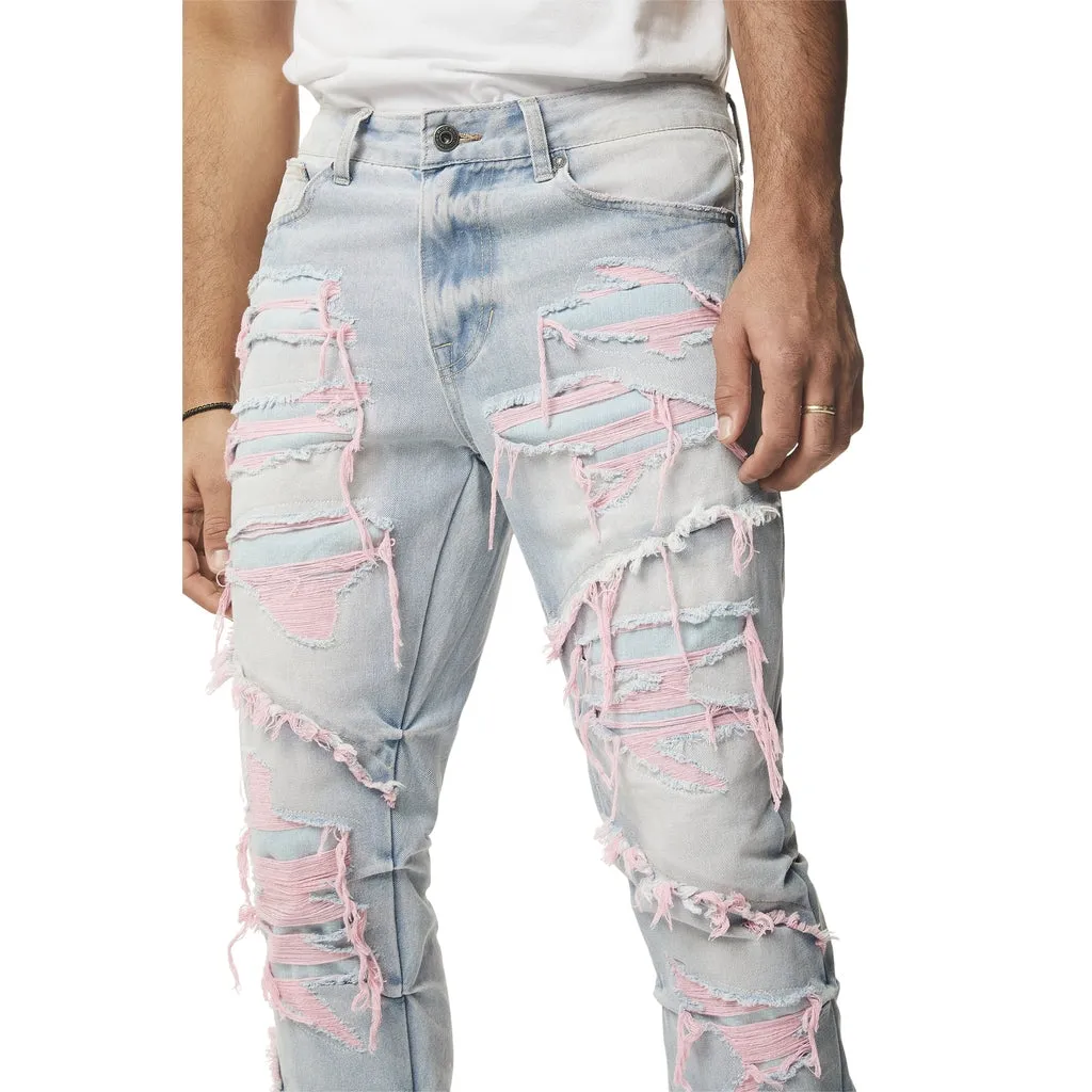 Color Thread Heavy R&R Lazy Stacked Flared Jeans - Pink