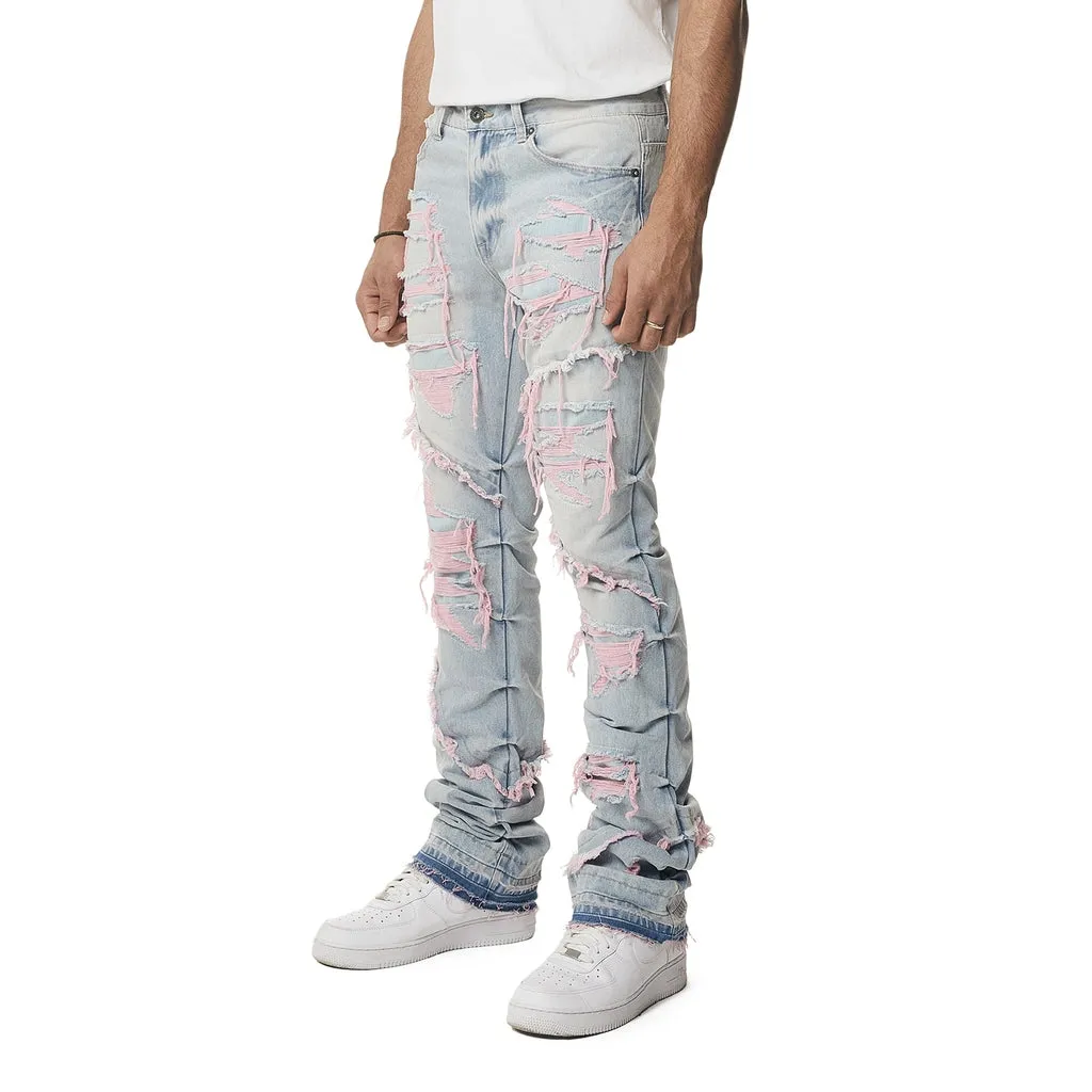 Color Thread Heavy R&R Lazy Stacked Flared Jeans - Pink