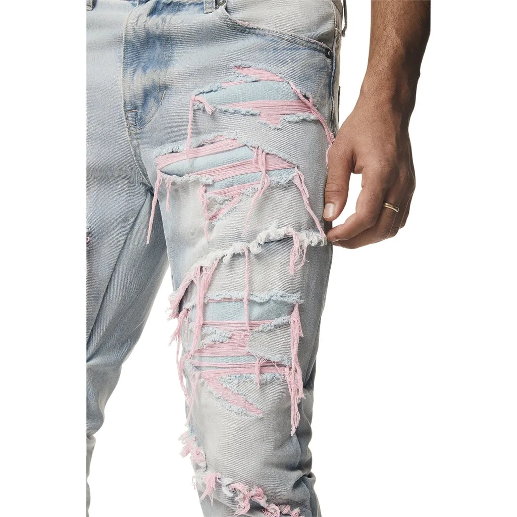 Color Thread Heavy R&R Lazy Stacked Flared Jeans - Pink