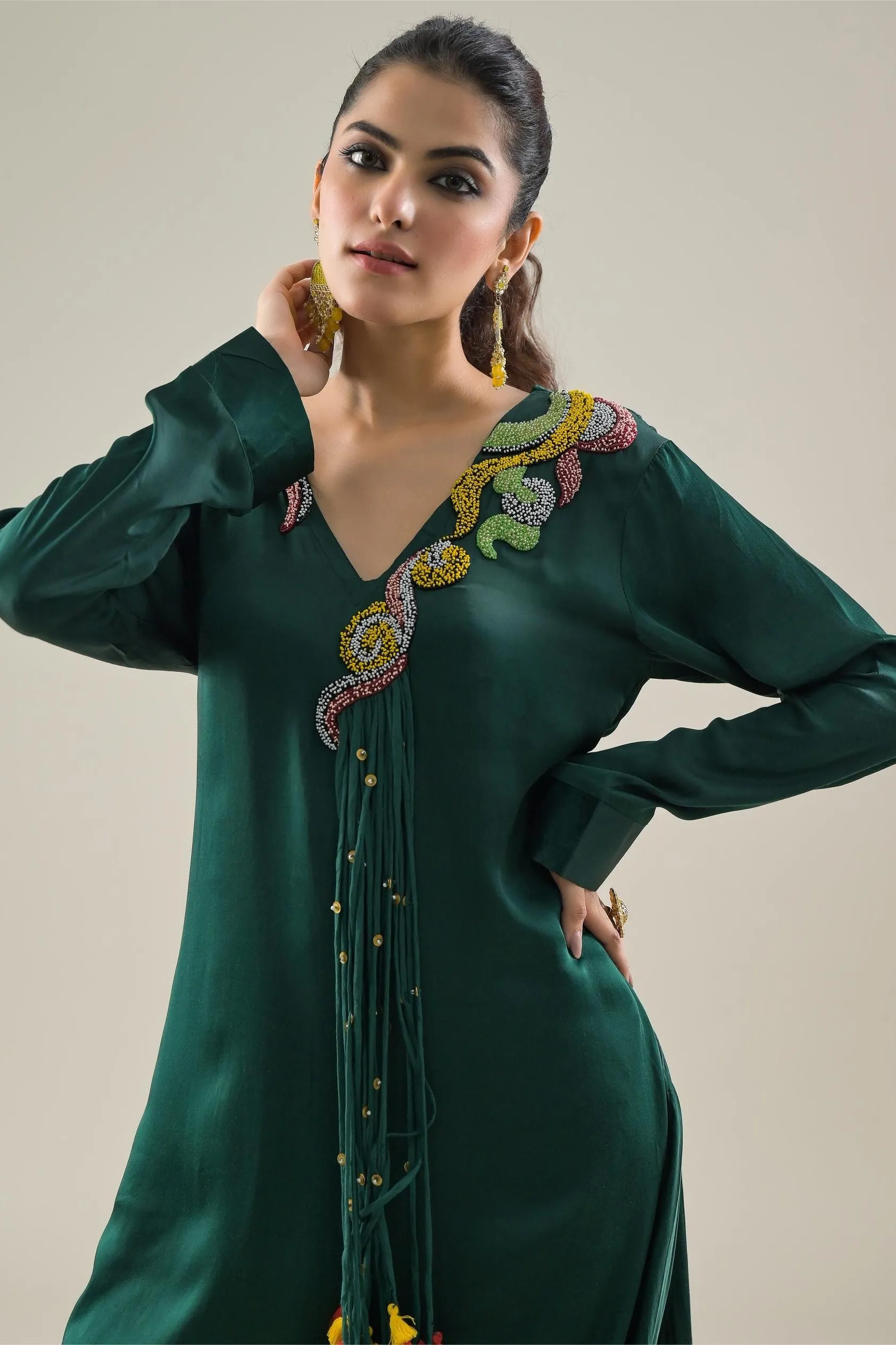 Deep Green Embroidered Satin Silk Kurta & Pants Set