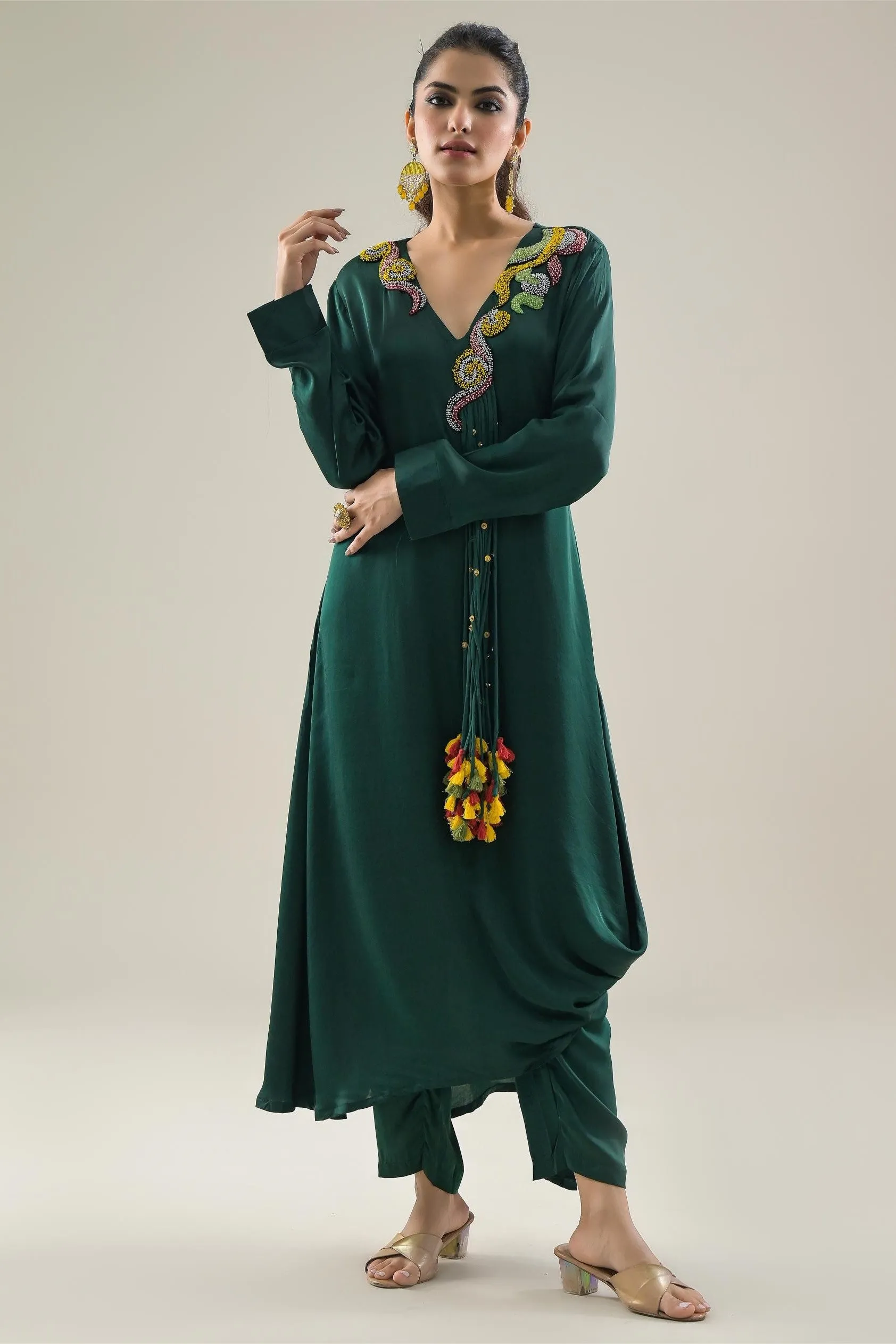 Deep Green Embroidered Satin Silk Kurta & Pants Set