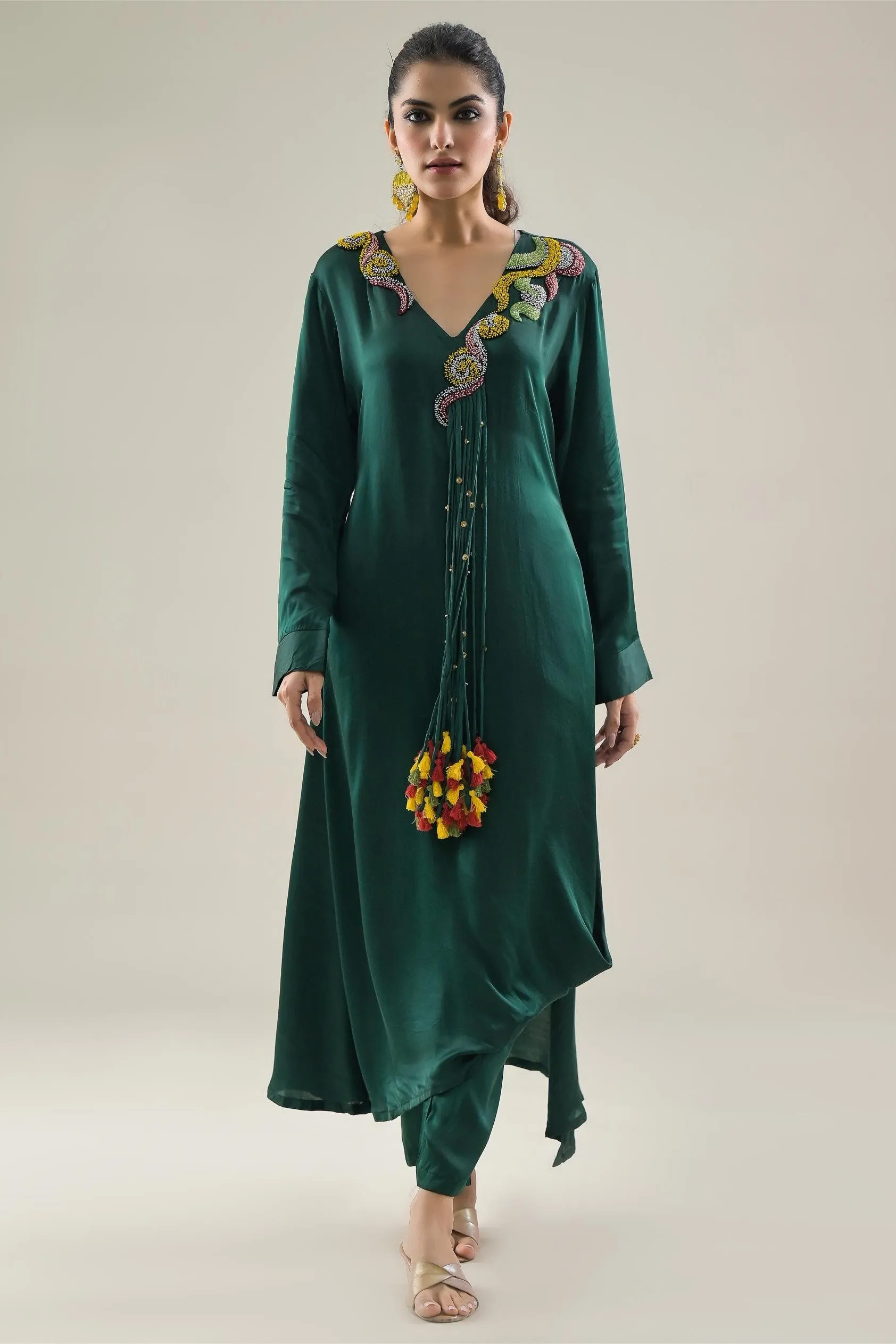 Deep Green Embroidered Satin Silk Kurta & Pants Set