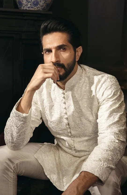 Embroidered Traditional Kurta Paired with Raw Silk Pants