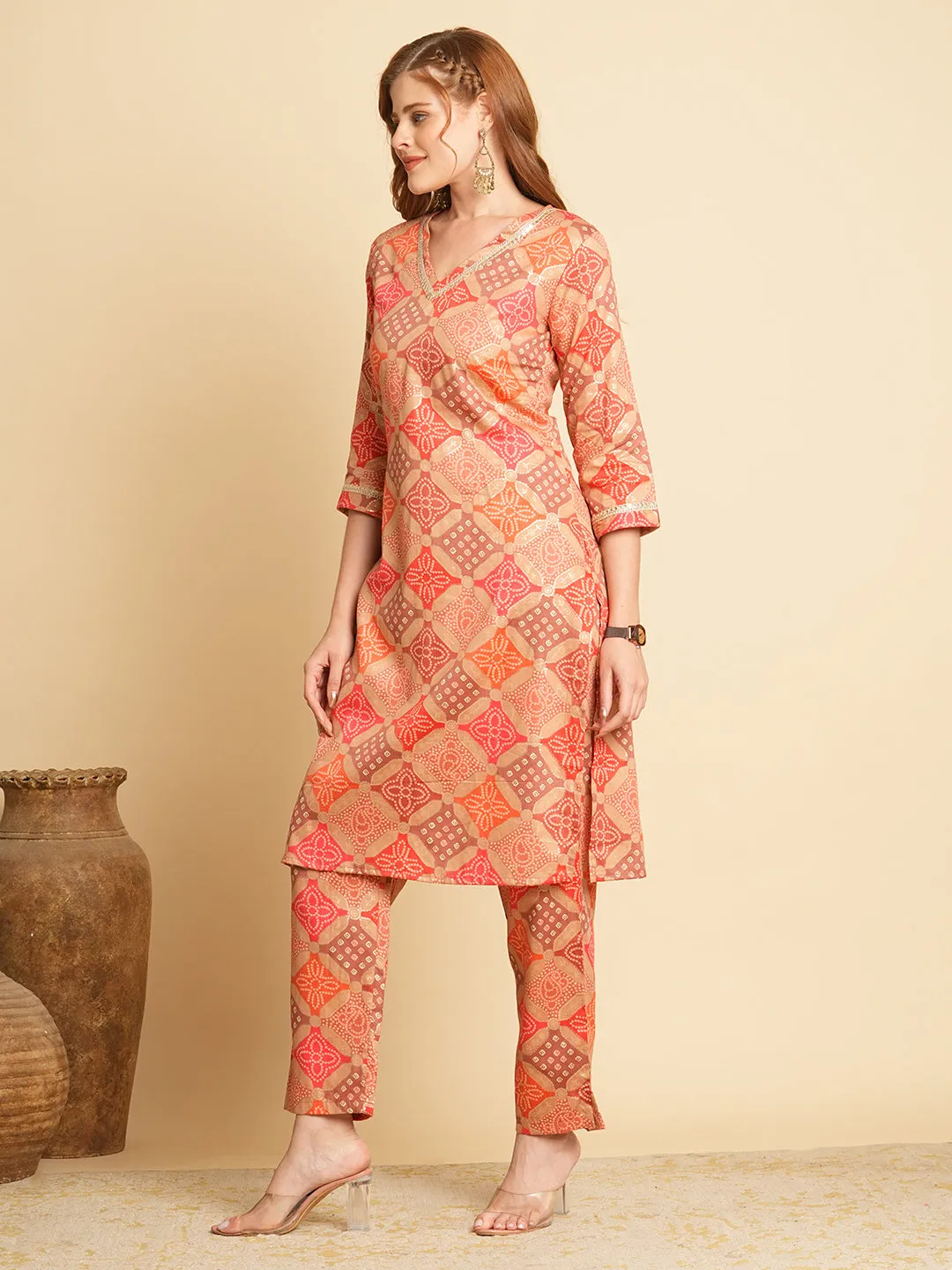 Ethnic Bandhani Foil Printed Straight Fit Co-ord Set - Multi