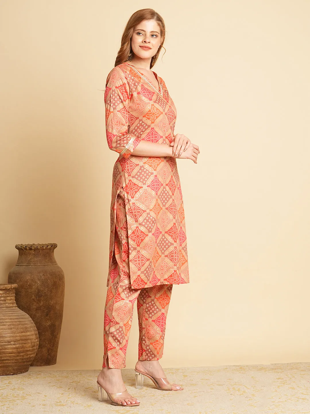 Ethnic Bandhani Foil Printed Straight Fit Co-ord Set - Multi