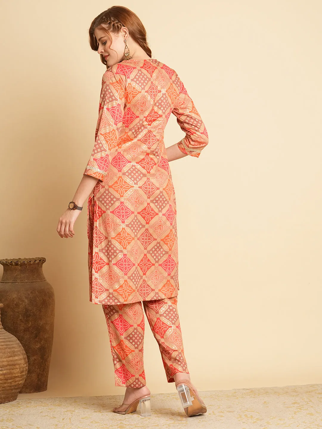 Ethnic Bandhani Foil Printed Straight Fit Co-ord Set - Multi