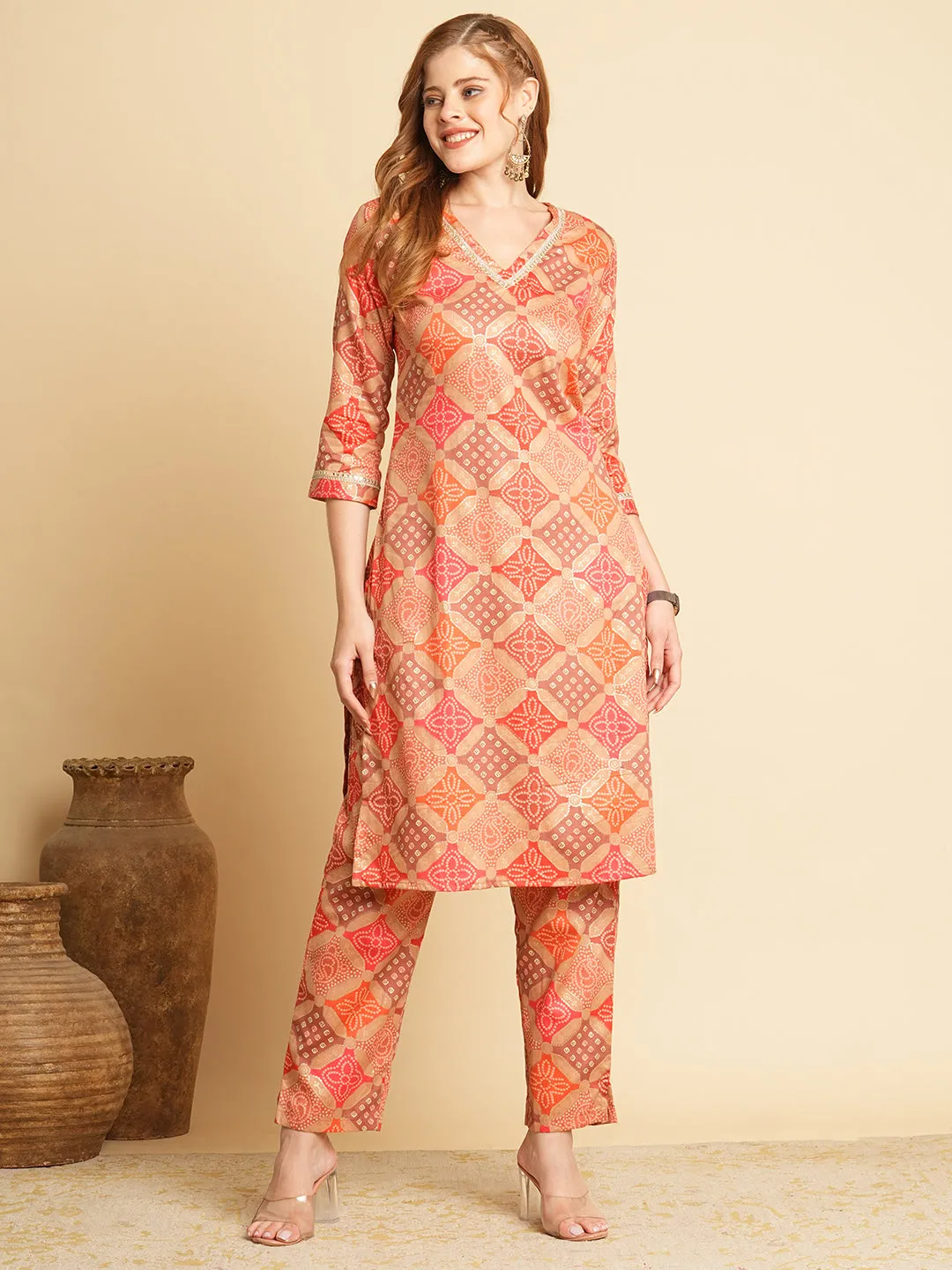 Ethnic Bandhani Foil Printed Straight Fit Co-ord Set - Multi