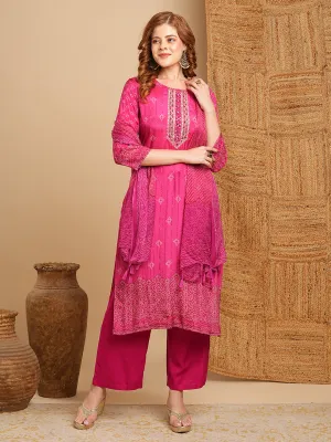 Ethnic Bandhani Printed & Embroidered Straight Kurta with Pant & Dupatta - Magenta