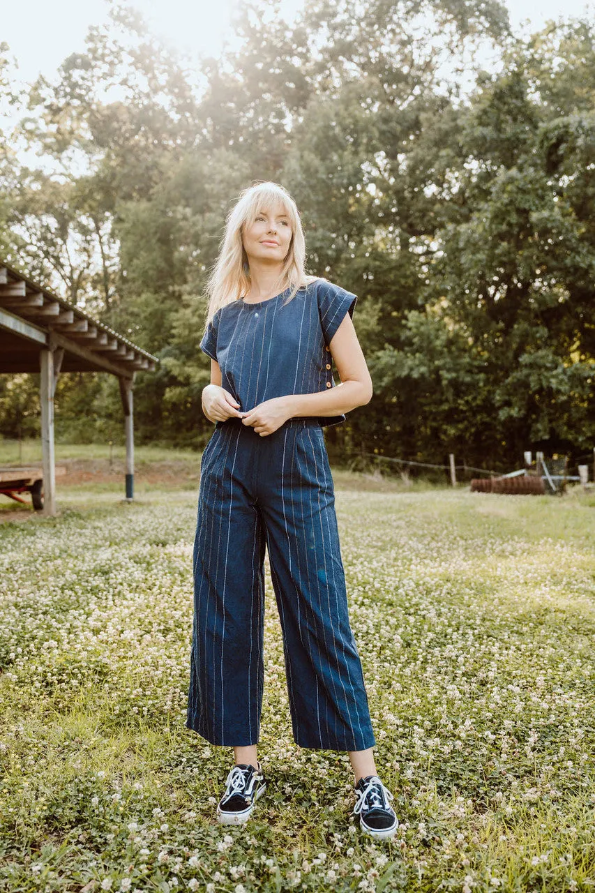 Katie Handwoven Cotton Set in Navy Pin Stripe