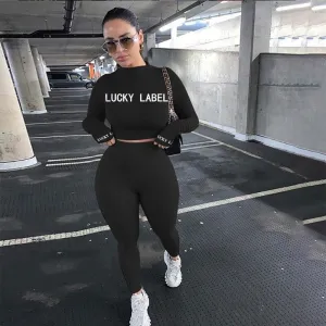 Letter O-neck Full Sleeve 2 Piece Set for Women Skinny Sweatsuit