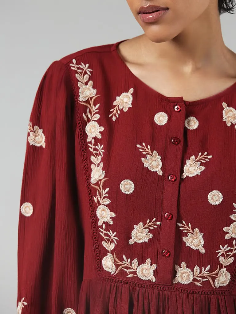 LOV Maroon Floral Embroidered Top