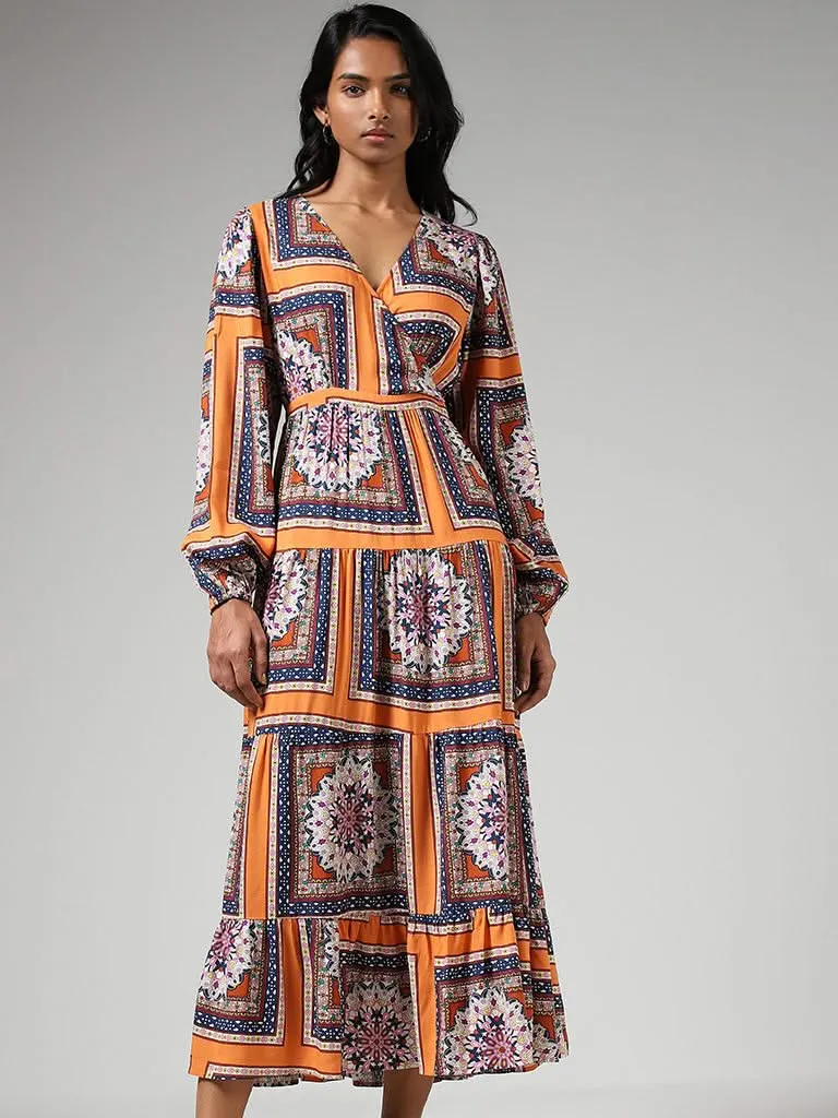 LOV Orange Multicolor Printed Tiered Dress