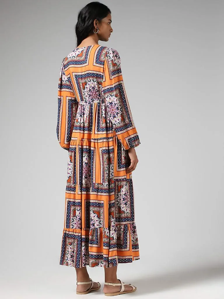 LOV Orange Multicolor Printed Tiered Dress