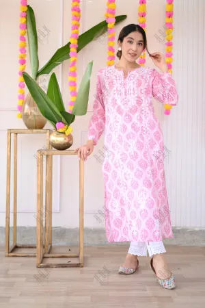 Mahima in Fizaa Chikankari Kurta in Mul cotton in Pink Print