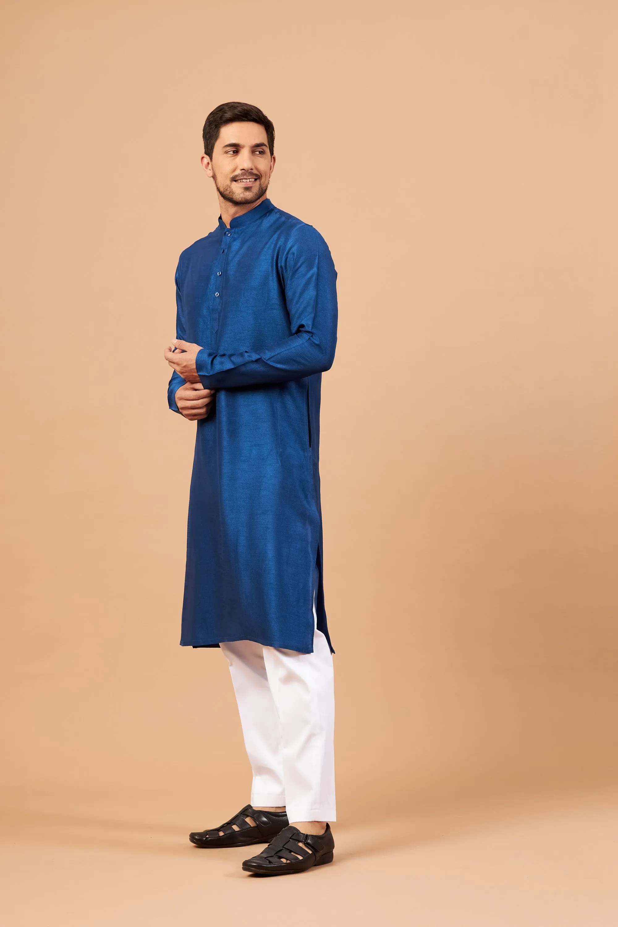 Men's Blue Plain Kurta With Crop Pants - Hilo Design