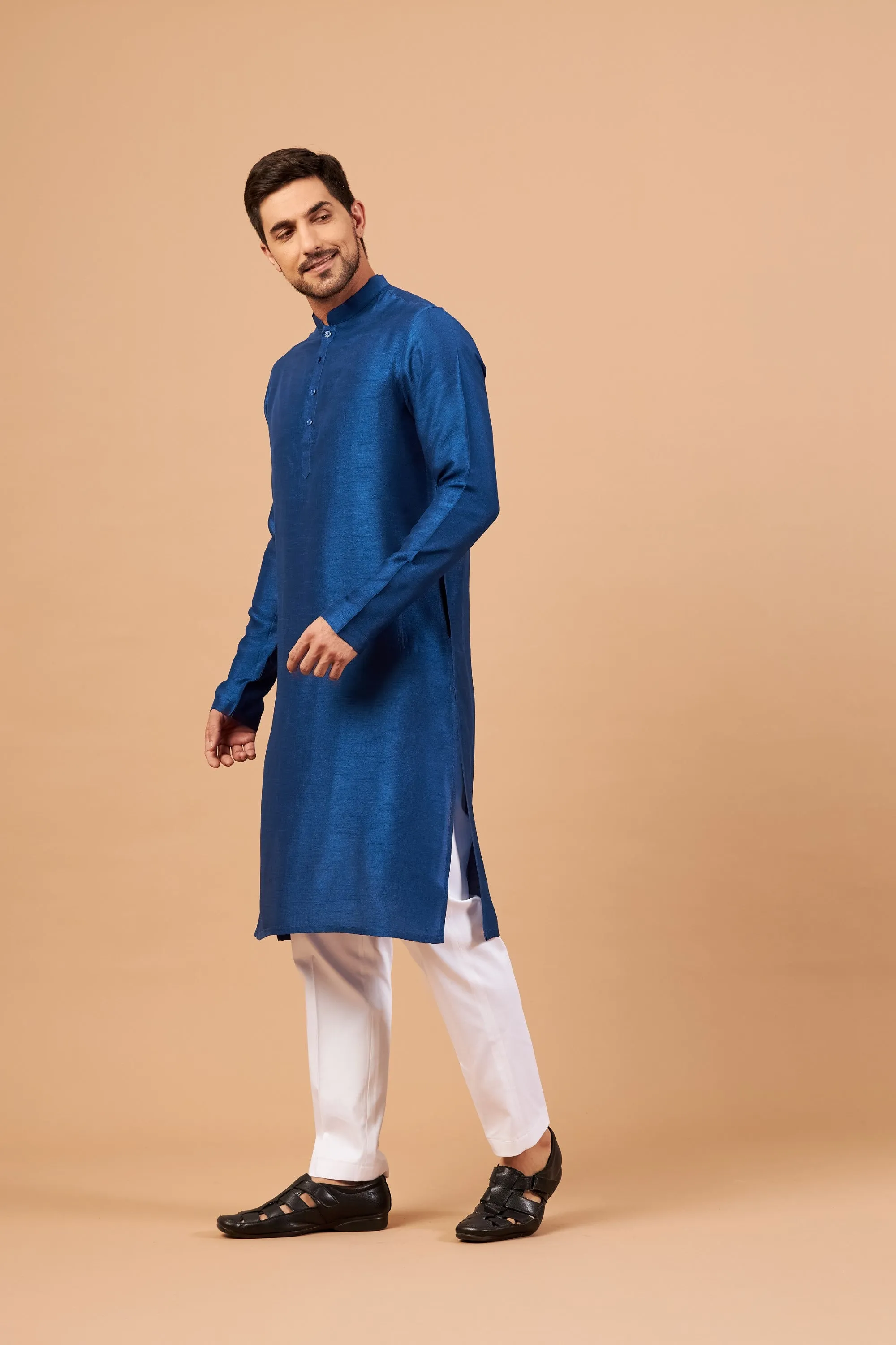 Men's Blue Plain Kurta With Crop Pants - Hilo Design