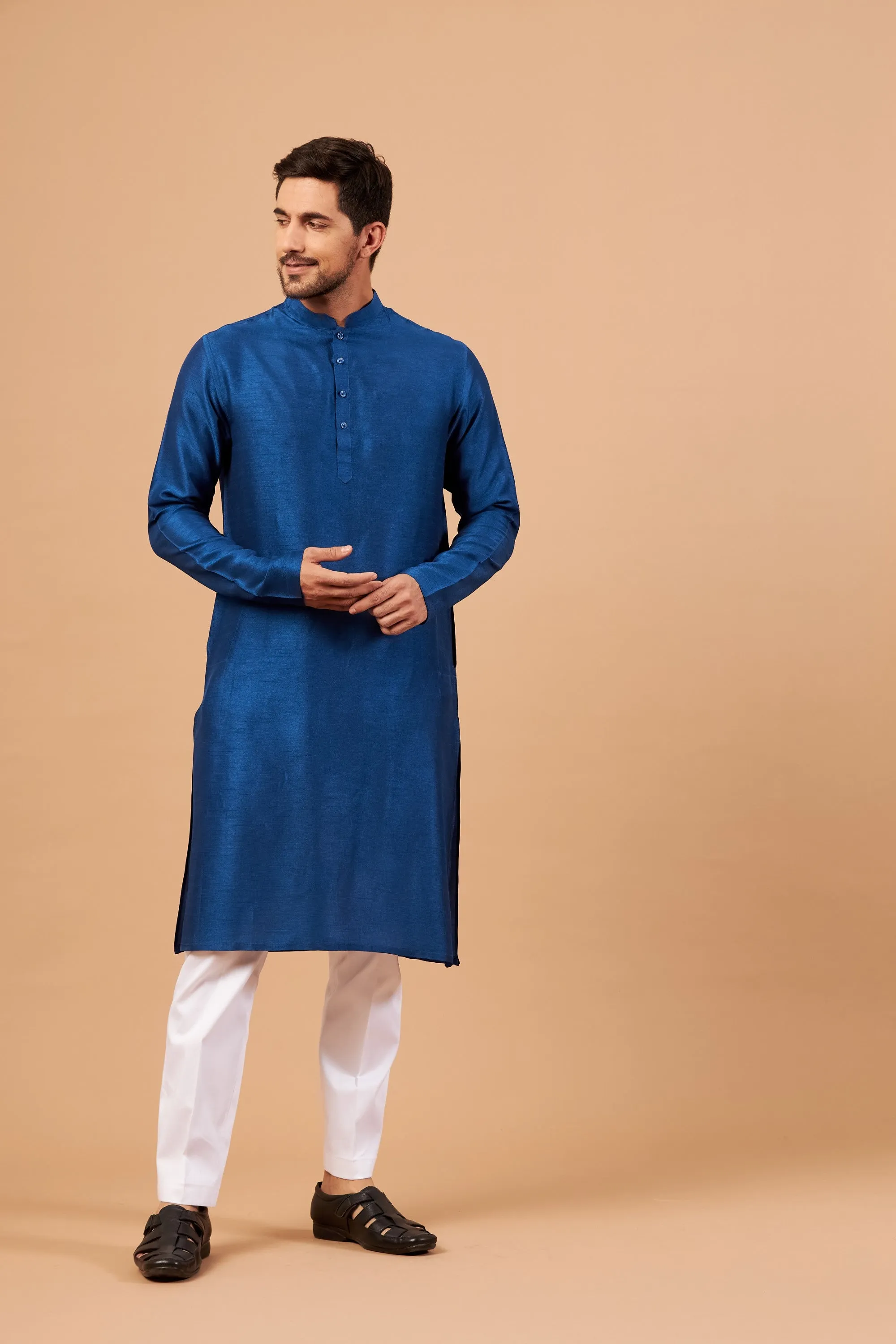 Men's Blue Plain Kurta With Crop Pants - Hilo Design