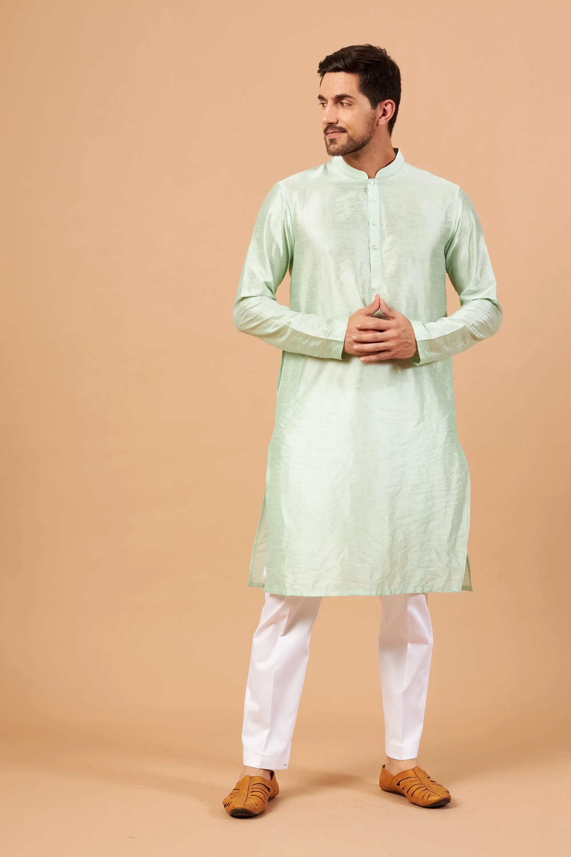 Men's Pastel Green Plain Kurta With Crop Pants - Hilo Design