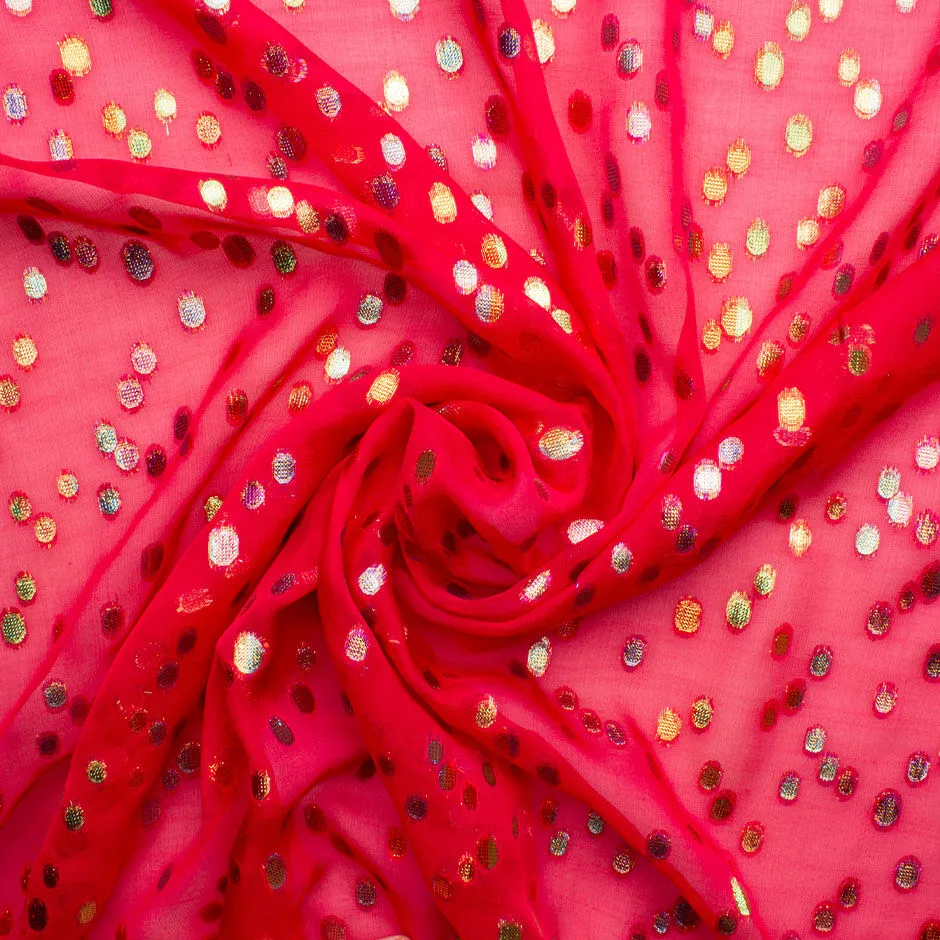 Multi-Coloured Metallic Spotted Red Silk Georgette