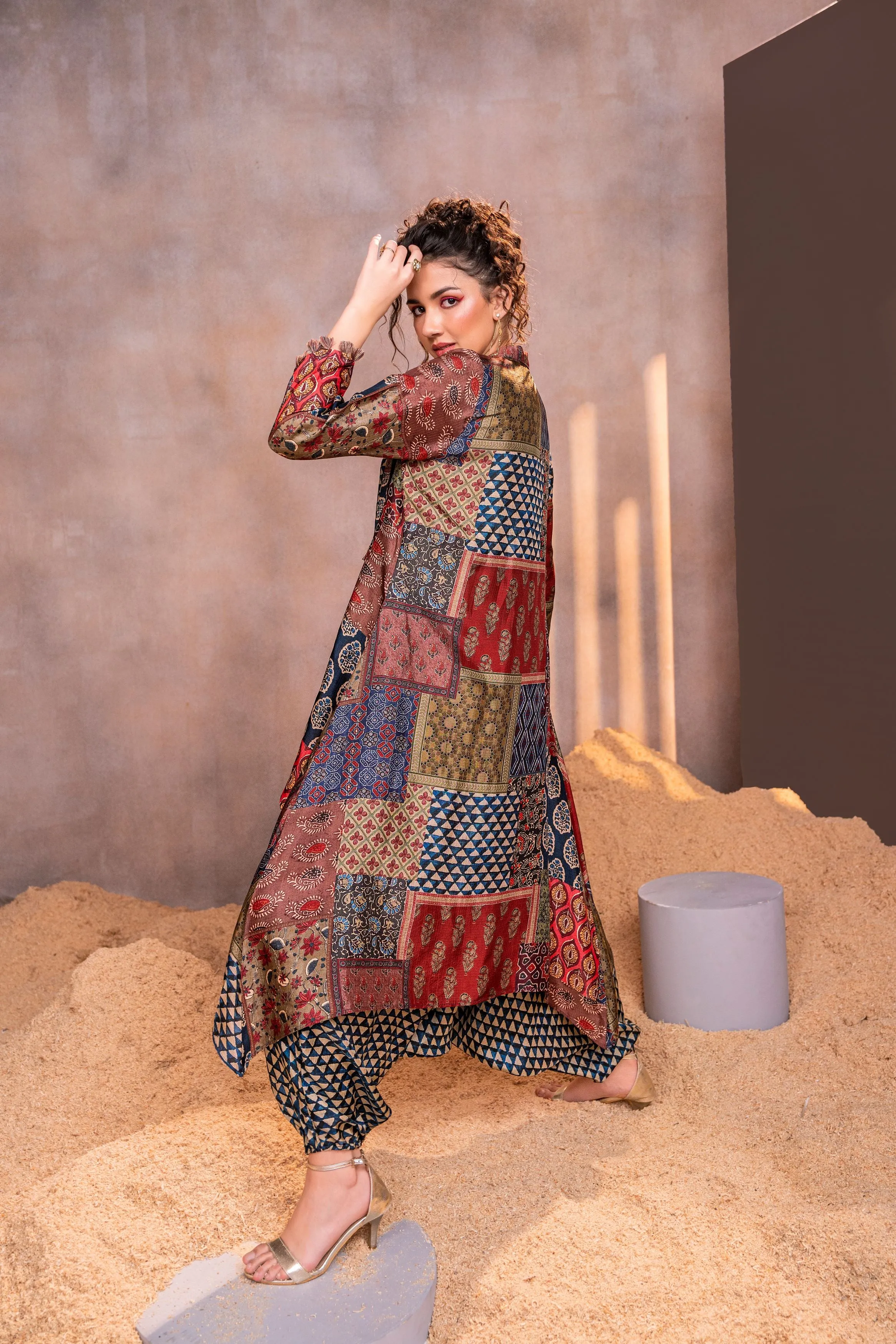 Multicolor Traditional Printed Premium Silk Cape Set