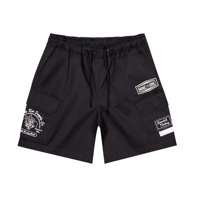 Printed Twill Workwear Shorts - Black