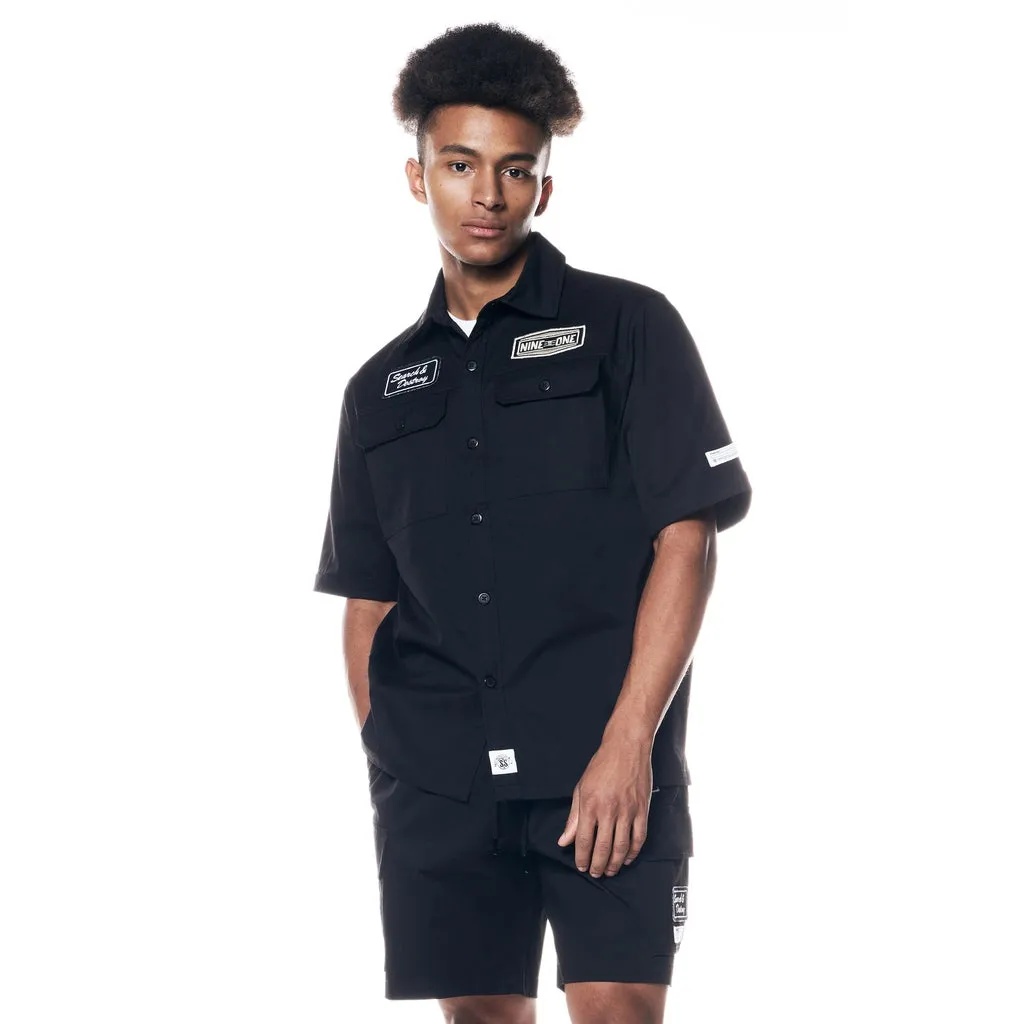 Printed Twill Workwear Shorts - Black