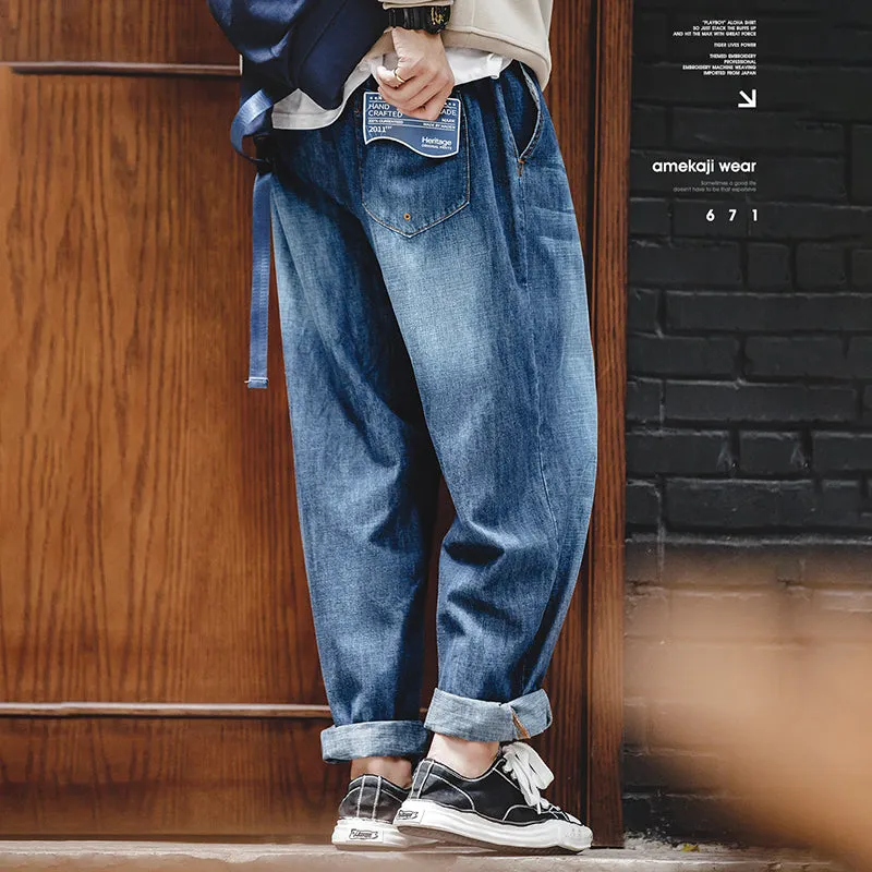 Retro Casual Denim Elastic Waist Easy Pants