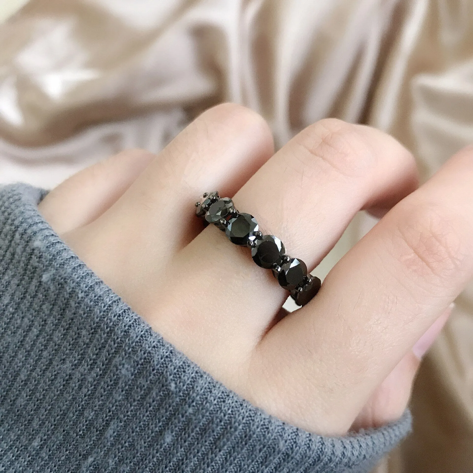 Round Cut Created Obsidian Black Gemstone Ring - 925 Sterling Silver