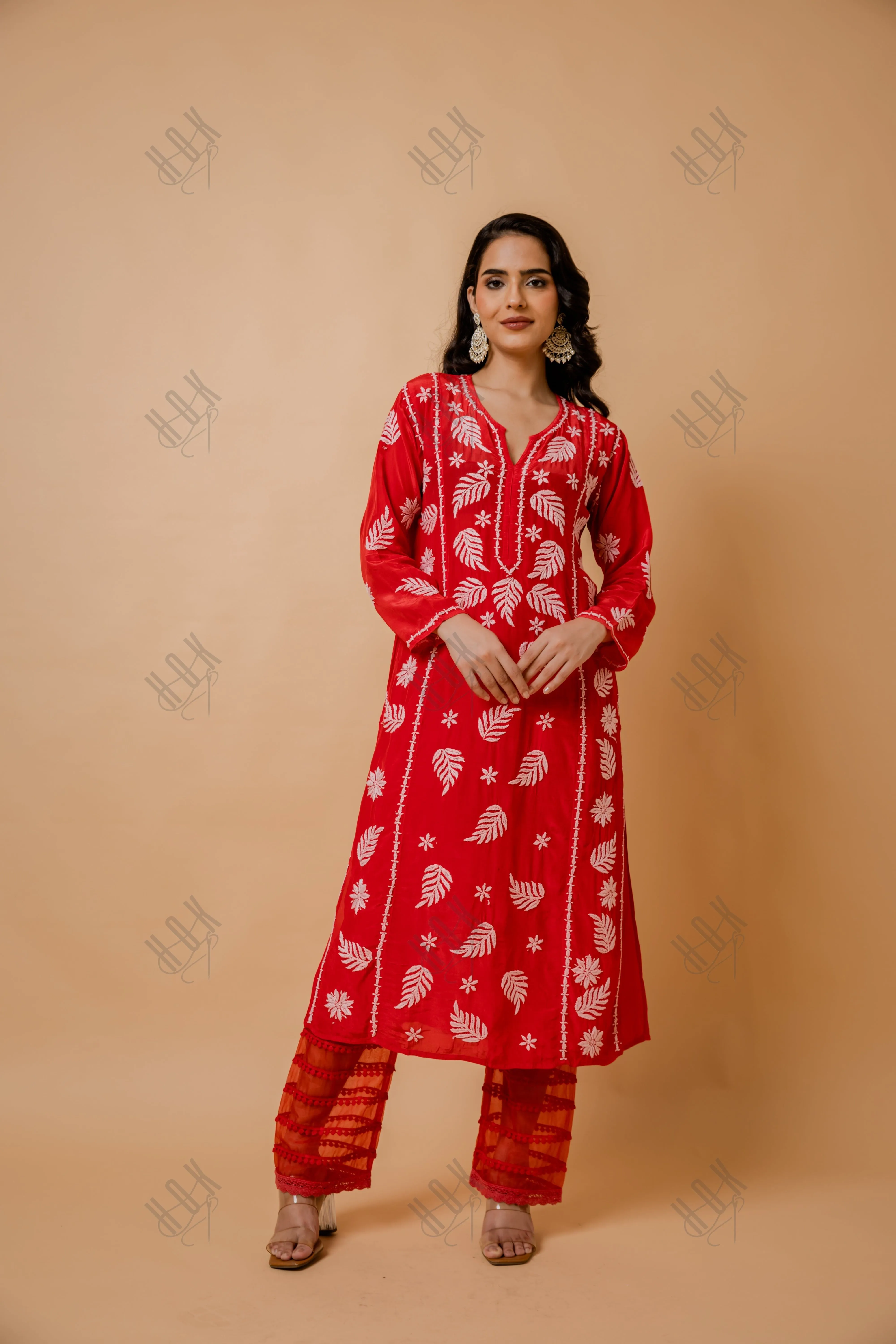 Sanya in Chikankari Crepe Silk Kurta for Women in Red Notch Neck