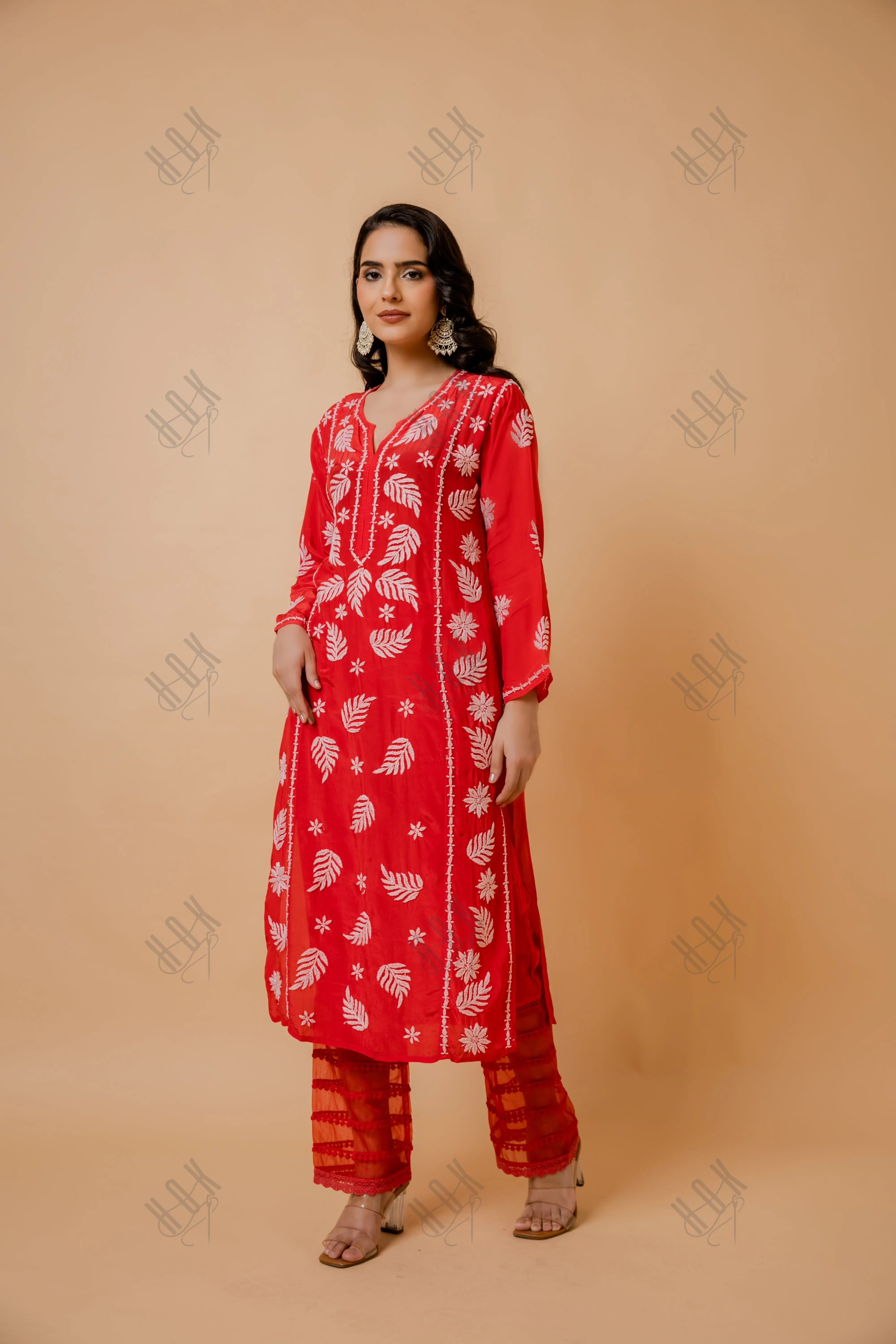 Sanya in Chikankari Crepe Silk Kurta for Women in Red Notch Neck