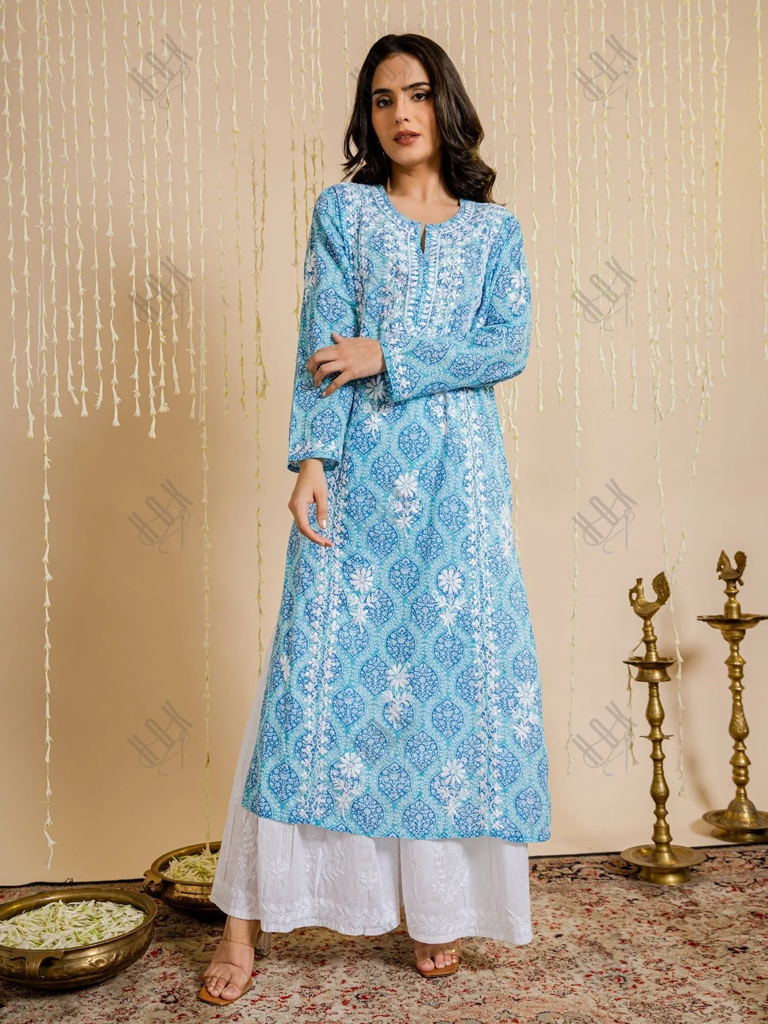 Shreya in Fizaa Chikankari Kurta in Mul cotton in Blue Print