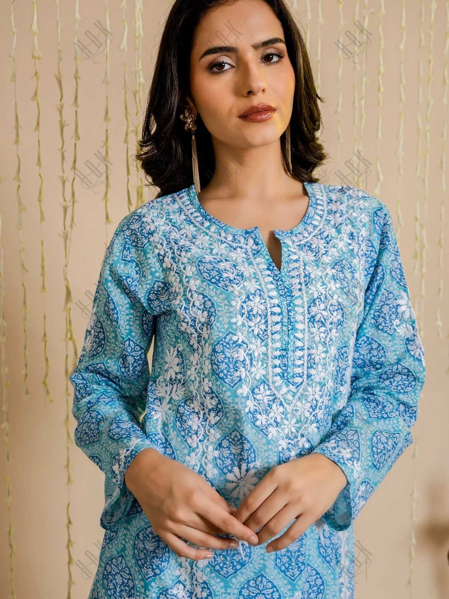 Shreya in Fizaa Chikankari Kurta in Mul cotton in Blue Print