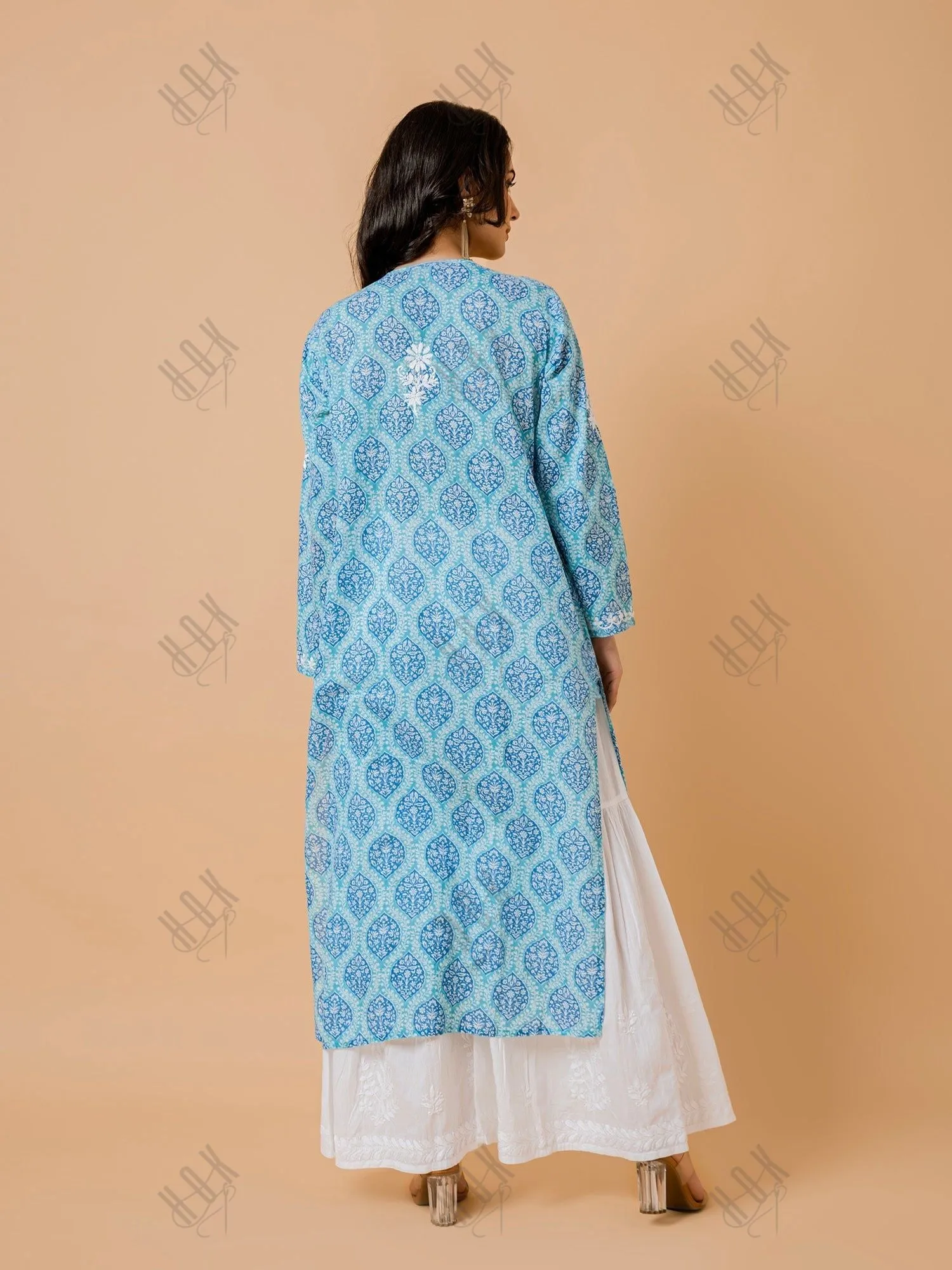 Shreya in Fizaa Chikankari Kurta in Mul cotton in Blue Print