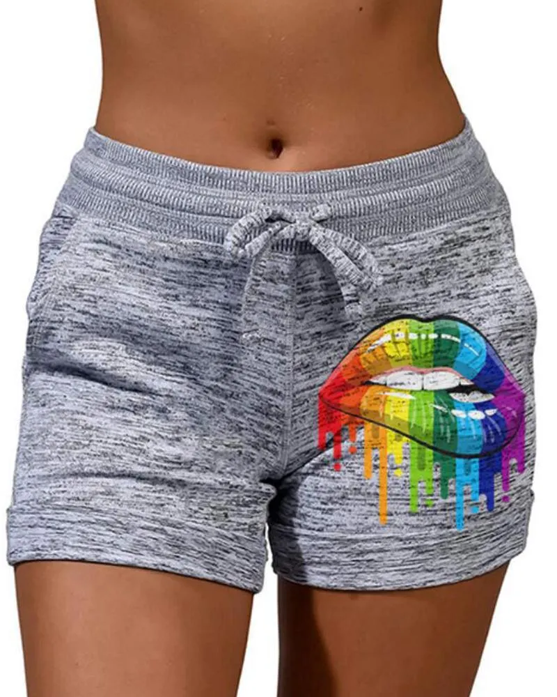 Solid Color Splicing Multicolor Lip Print Drawstring Short Pants